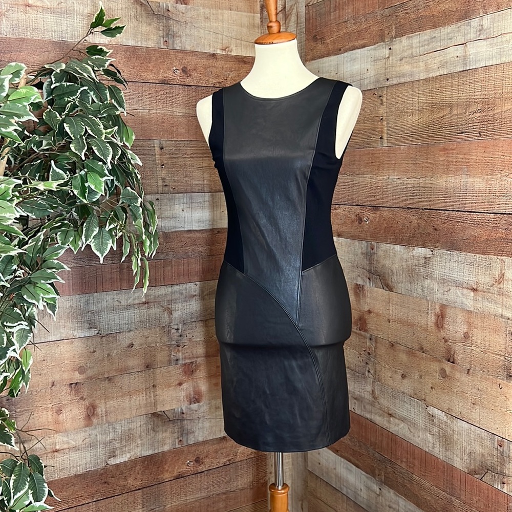 THEORY Black Real Leather Mixed Media Sleeveless Mini Party Dress